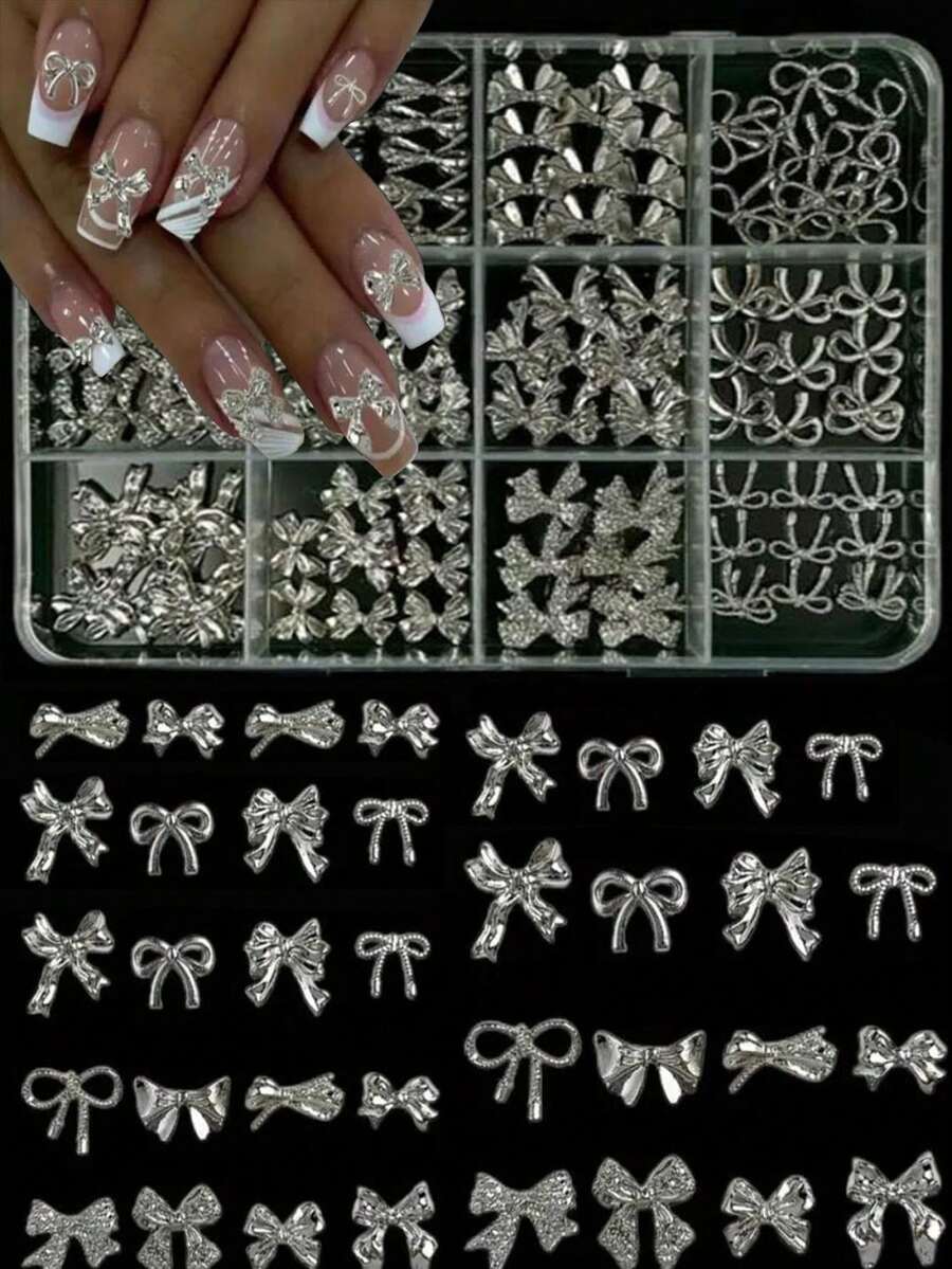 120pcs 3D Silver Bow Nail Art Charms, 12-Grid Y2K Alloy Bow Nail Art Charms, Luxury Shiny Silver Bow Nail Art Studs, 12 Types Silver Bow Nail Art Charms DIY - Multicolor - View 1