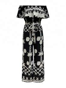 Bộ jumpsuit nữ dáng rộng, in họa tiết, bèo nhún, trễ vai, có thắt lưng, ống rộng, thích hợp cho kỳ nghỉ hè, phong cách boho. - màu đen - Xem 3