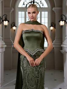 Satin Beaded Sequin Embroidered Lace Elegant Sexy Strapless Bodycon Fishtail Maxi Dress, Suitable For Cocktail Party, Gathering, Evening Gown - Green - View 3