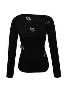 法式亮片花卉不对称肩部设计修身长袖衬衫，秋季 - 黑色 - 查看 7
