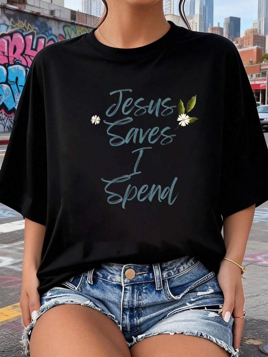 Camiseta divertida cristiana con cruz Jesús salva yo gasto 2026 nuevas camisetas impresas para mujeres, estilos populares, camisetas de primavera para mujeres, camisetas de invierno, camisetas de para mujeresás vendidas - Negro - Ver 1