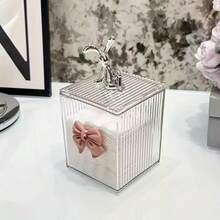 1pc Transparent Dual-Compartment Makeup Organizer With Rabbit Bow Lid - Aesthetic Vanity Tidy Holder For Cotton Swabs And Pads - Elegant Plastic Bathroom Countertop Cosmetic Jar - Multicolor - View 10