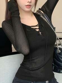 Sexy V-Neck Sheer Knit Long Sleeve Base Layer Top For Women, Tight Fit, Spring/Summer - Black - View 2
