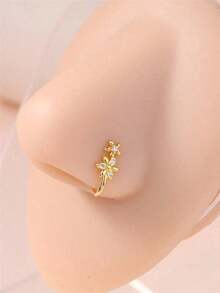 KARYOKO 1pc Double Flower Charm No Piercing Copper Inlaid Zirconia U-Shaped Nose Clip Fake Nose Ring Female No Piercing Piercing Jewelry Valentines,Mom,Mother,Mother's Day,Gift - 金色 - 查看 1