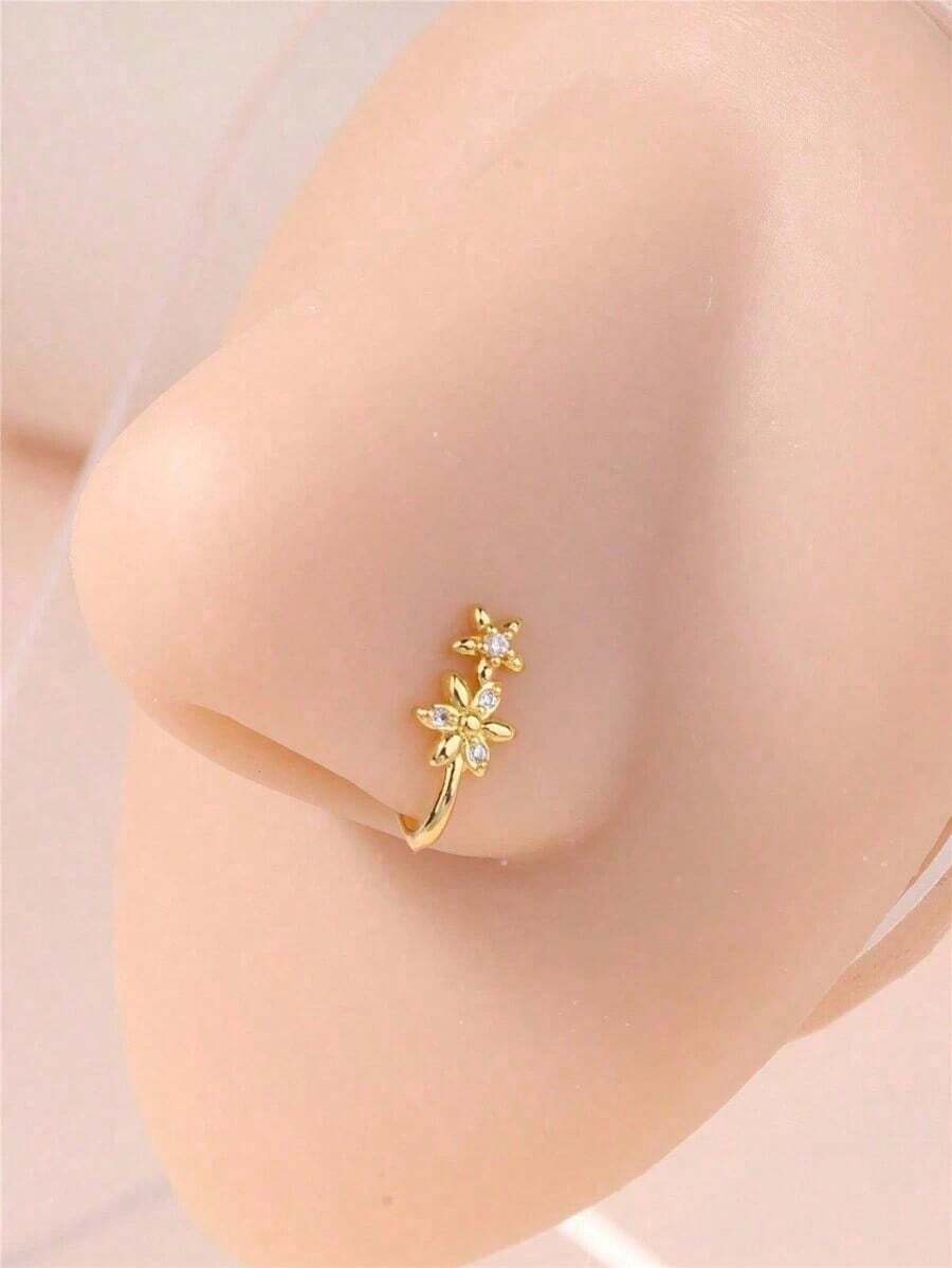 KARYOKO 1pc Double Flower Charm No Piercing Copper Inlaid Zirconia U-Shaped Nose Clip Fake Nose Ring Female No Piercing Piercing Jewelry Valentines,Mom,Mother,Mother's Day,Gift - 金色 - 查看 1