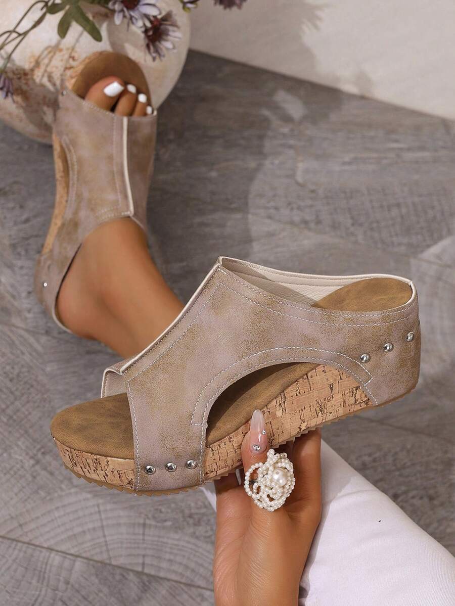 1pair Women's Vintage Distressed Wood Grain Platform Wedge Sandals, Open Toe Rivet Leather Summer Slides - Beige - View 1