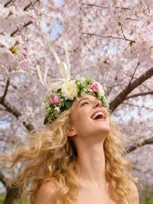 1pc Women Faux Flower Headband, Peony Flower Bridal Wedding Party Sakura Headpiece, For Daily Use - Beige - View 1