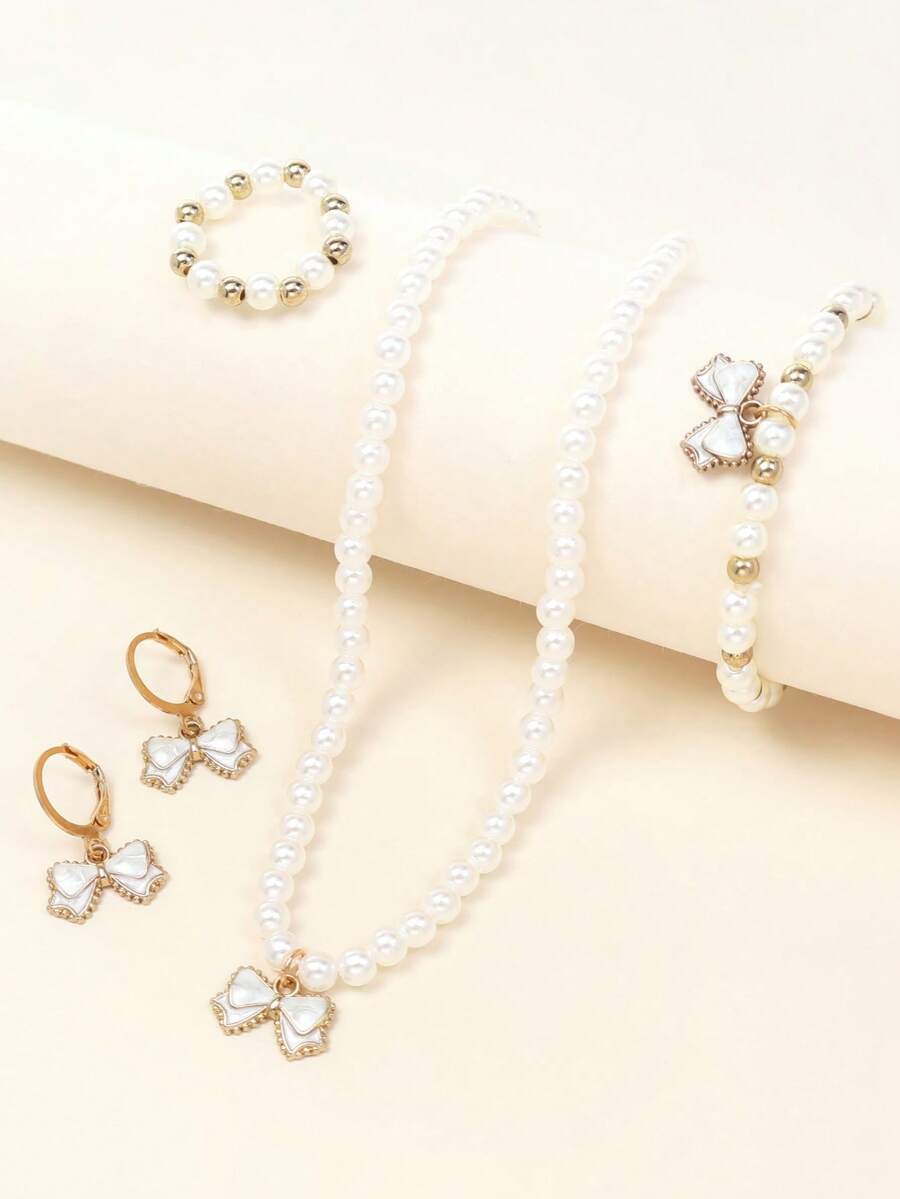 兒童珠寶套裝，包括1條蝴蝶結吊墜珍珠項鍊、1個手鍊、1枚戒指、1副耳環 - 白色 - 查看 1