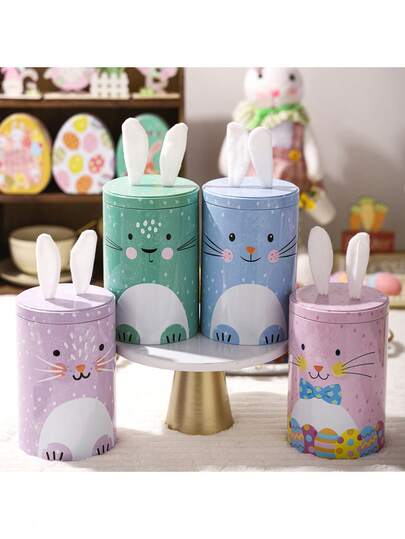 1pc Easter Metal Candy Box - Rabbit & Ladybug Party Tin Can, Pink/White Chocolate Easter Gift Packaging, Shower Party, Durable Cookie & Miscellaneous Storage Canister, Office Decor, Theme Party Decor, Easter Decoration