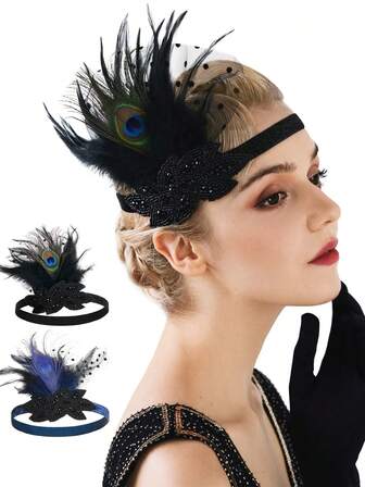 1pc Flapper Headband 1920s Roaring Gatsby Vintage Feather Headpiece Cocktail Party Hair Accessories For Women