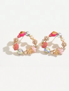 1對創意可愛海星、海貝、珍珠鑲嵌吊墜耳環，適用於夏季時尚和沙灘穿搭