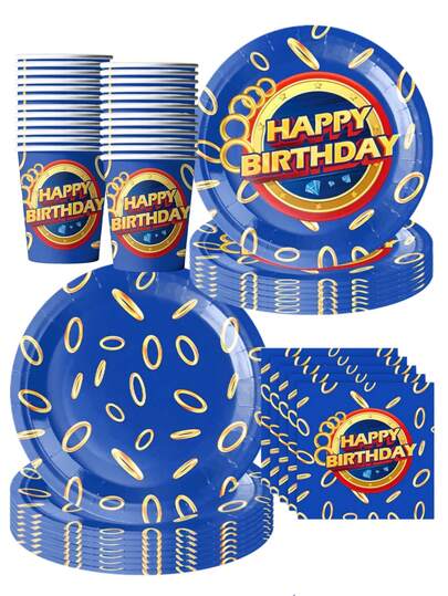 50Pcs Themed Birthday Party Supplies Set - Blue & Gold Ring Pattern Disposable Paper Plates Cups & Napkins | Festive Tableware For Kids' Birthday Parties, Video Game Arcade Gatherings & Gaming Style Celebrations | 'Happy Birthday' Print & Chaos Emerald Decor For Children's Party Favors, Home Party Decoration & Special Occasion Essentials