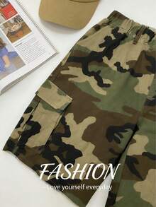 Plus Size European & American Style Camouflage Elastic Waist Loose Casual Comfortable Multi-Pocket Shorts - xanh quân đội - Xem 11