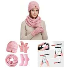 Beanie Hat Scarf Touchscreen Gloves Set Men And Women, Fleece Lined Warm Winter Beanie Gloves Long Neck Warmer Set - Pink - View 1