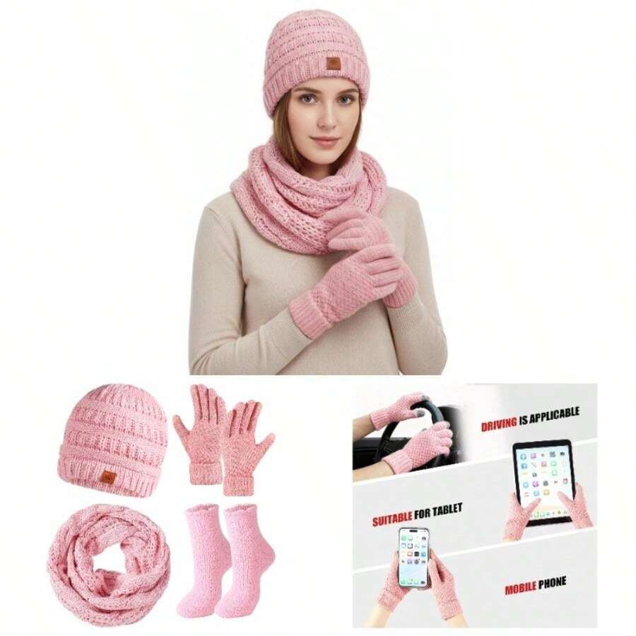 Beanie Hat Scarf Touchscreen Gloves Set Men And Women, Fleece Lined Warm Winter Beanie Gloves Long Neck Warmer Set - Pink - View 1