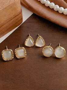 3对时尚几何猫眼耳钉套装，小巧可爱圆形、三角形、方形耳环，适合女性日常及节日佩戴 - 三件套 - 查看 1