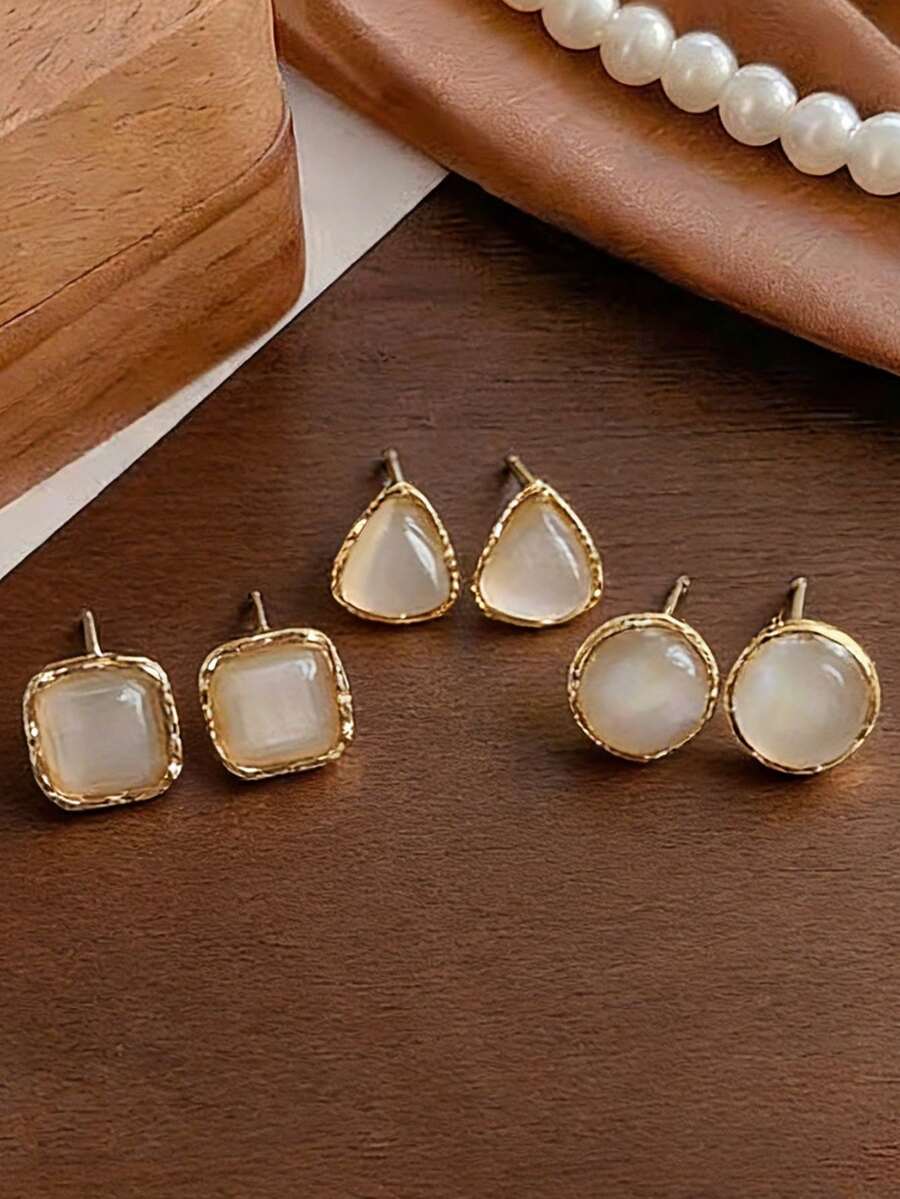 3对时尚几何猫眼耳钉套装，小巧可爱圆形、三角形、方形耳环，适合女性日常及节日佩戴 - 三件套 - 查看 1