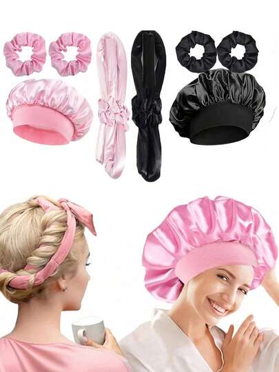 4件套睡眠护发工具套装（1个发帽+1个卷发器+2个发圈），丝滑卷发器，弹性柔软发圈，睡眠发帽，卷发器，发圈，柔软卷发器，蓬松卷发器，缎面发帽，睡眠发帽，女士护发工具，1个干发帽，4件套睡眠护发工具套装（1个发帽+1个卷发器+2个发圈），由于拍摄光线原因，可能存在色差，请以实物为准。