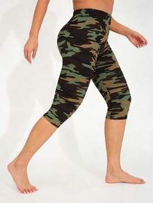 Women's Spring/Summer Casual Camouflage Print Elastic Tight Leggings, Butt-Lifting Shaping Yoga Outdoor Beach Vacation Walking Capri Length Pants - Army Green - View 4