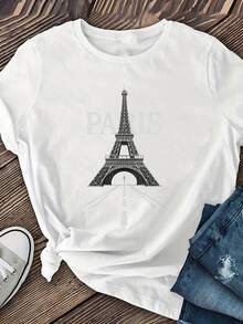 Paris Eiffel Tower Inspired Women's Short Sleeve, Women's Clothing, Round Neck Short Sleeve Sports T-Shirt, Pattern Printed Round Neck T-Shirt - White - View 2