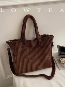 low tea 纯色灯芯绒拉链时尚手提包，饰有刺绣字母，适合女性日常使用 - 可作女士手提包、牛仔手提包、单肩包、斜挎包或托特包，适合上学、办公、旅行等场合。 - 咖啡 - 查看 8