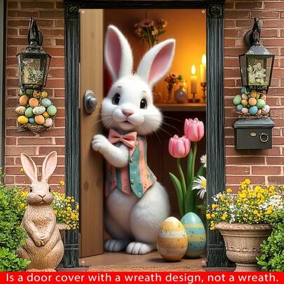 1PC,2D Flat,Easter Bunny Door Frame Banner With Cute Easter Egg Flower Design, Made Of Polyester Material, Suitable For Easter Party Decoration, Large Party Supplies And Gift Entrances, Room And Garden Wall Decoration, Entrance Door And Porch Decoration