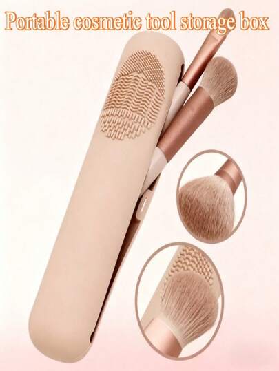 [Portable] Beige Silicone Travel Makeup Brush Holder, Closed - High Quality, Anti-Drop Design, Soft Texture Makeup Tool Storage Box, Unisex, Cosmetic Case, Elegant Cosmetic Box, High-Quality Case, Suitable For All Seasons, Great Gift Choice For New Year, Halloween, Thanksgiving, Birthday , Makeup Room Decor,Makeup Bag,Travel Essential