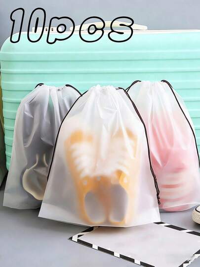 10 st dragskopåse, grossist transparent frostad plast för hushållsunderkläder, reseskor, förvaringskläder, kläder, förpackningspåsar, förvaringspåsar, sminkväskor, läppstift, kosmetikaförvaringspåsar, bärbara multifunktionella förvaringspåsar, är en idealisk shoppingkasse, perfekt present för skolstartssäsongen, stranden, havet, semester, mors dag, sommaren, nyår, Ramadan, Eid, alla hjärtans dag, jul eller Thanksgiving.