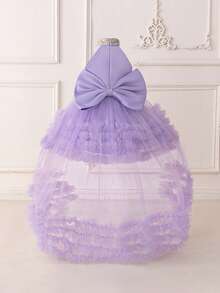 Baby Girls Sequin Mesh Backless Bow Cute 1st Birthday Trailing Dress, Suitable For Party, Flower Girl, Wedding, Without Headband - Mauve Purple - View 2