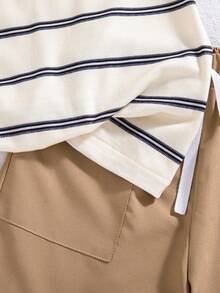 2pcs/Set Boys' Casual Striped Splice Collar Sleeveless Top And Solid Color Pocket Drawstring Shorts, Spring/Summer - Khaki - View 6