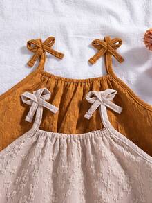 2pcs/Set Girls Casual Solid Color Sleeveless Bow Decor Knee-Length Dress, Fashionable Everyday Wear, Spring/Summer - Multicolor - View 3