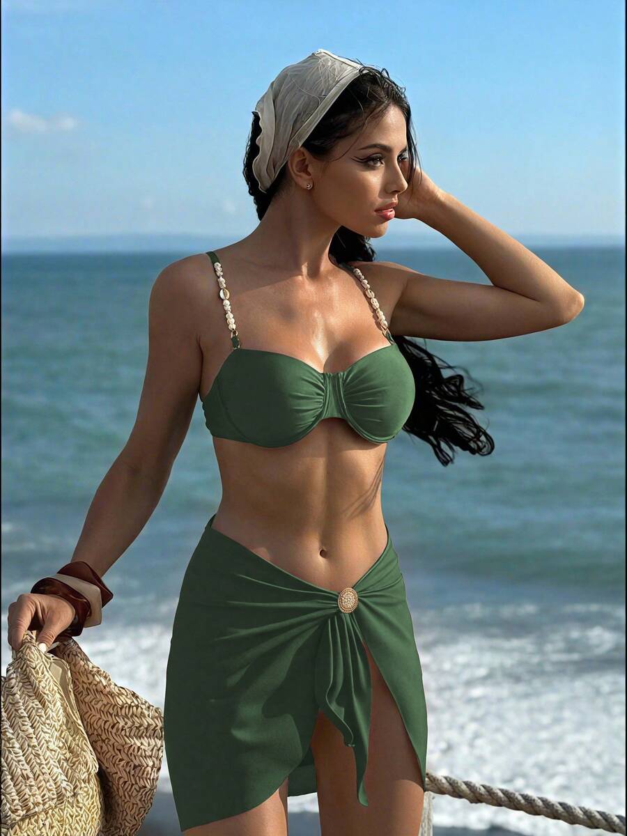 RWX VEST Women's Beach Set With Cover-Up – Elegance And Sophistication In Every Detail 2025 XX386 - Army Green - View 1