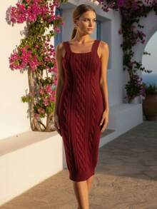 Vestido Midi Tricot Alcinha Regata Canelado Feminino Básico Elegante Moda Pirmavera Verão - Preto - Visão 3