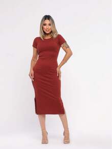 Vestido Feminino Canelado Midi Fenda lateral Casual e Elegante Manga Curta - Terra cota - Visão 6