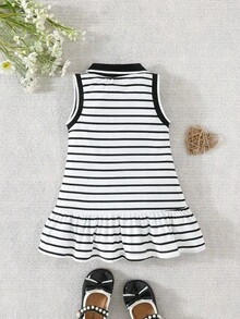 Baby Girls Cute Striped Heart Embroidery Collar Dress, Casual Daily Dress For Little Girls - Black - View 3