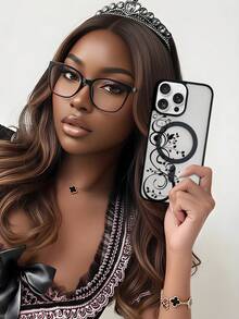 1pc Black Lace Floral Pattern Magnetic Clear Phone Case Premium Feel Never Yellowing 1800 Gauss Strong Magnet Shockproof Protection Holiday Gift For Girlfriend Or Self Use Compatible With Apple Phone 17 16 15 14 13 12 11 XSMAX XS X Series Galaxy S25 S24 S23 S22 Series - 黑色 - 查看 3