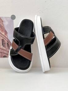 Minimalist Leather Slippers | Dual-Tone Criss-Cross Strap, Elevate Daily Outfit - Black - View 2