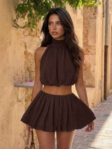 Women's Fashionable Brown Camisole Two Pieces Set, Cropped Top Paired With Mini Skirt, Sexy Summer Party Street Style - Coffee Brown - View 1