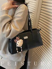 1pc Solid Color PU Fabric Underarm Shoulder Bag, Large Capacity Women's Commuter Bag, With Pendant, Suitable For Girls, Ladies, College Students, Young Professionals, And Office Workers, Great For Work, Business, Commuting, And School - Black - View 4