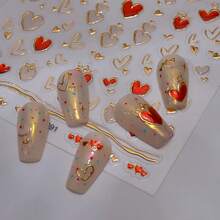 Gold Heart Nail Stickers For Nail Art 5D Embossed Nail Decals Se--Adhesive Nail Art Stickers With Multiple Shapes Gold Red Heart Design Artificial Nail Supplies For Women Manicure Decorations - 風格15 - 查看 3