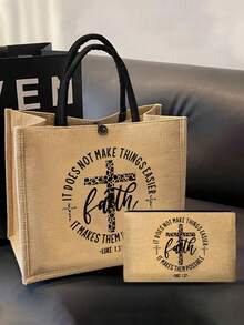 Christian Large Capacity Tote Bag Set, Equipped With Inspirational Faith Quote Printed A Zipper Cosmetic Bag, ,Inspirational Quotes Printed With "God", Faith Conquers Fear Christian Multifunctional Handbag, Large Capacity Shoulder Bag, Casual Linen Bag - Multicolor - View 5