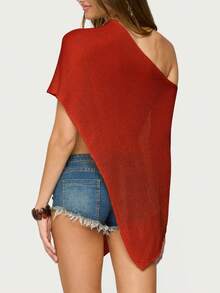 Knit Sheer Poncho Top For Women Y2k Asymmetric Shrug Beach Cover Up See Through Lightweight Off Shoulder Shawl - Đỏ - Xem 3