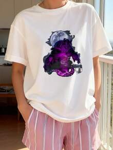 Beauty & The Beast Moon Rose Airbrush Art T-Shirt T-Shirt - 白色2 - 查看 2