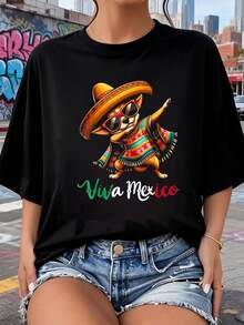 Vivaéxico Dabbing Chihuahua Sombrero Camiseta de Mexicana 2026 nuevas camisetas impresas para mujeres, estilos populares, camisetas de primavera para mujeres, camisetas de invierno, camisetas de para mujeresás vendidas - Negro - Ver 1
