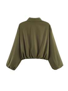 Jaket Wanita Warna Hijau Militer dengan Kantong Resleting - Pakaian Luar Kasual dengan Kerah Longgar, Cocok untuk Musim Semi dan Gugur - Hijau Tentara - View 8