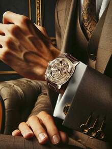 GUANQIN 1枚男士黑色锌合金商务风格夜光雕刻自动陀飞轮镂空机械表，适合万圣节、圣诞节、父亲节、返校季、学生、节日、情人节、约会、商务、日常佩戴、礼品等场合。 - 鏽棕色 - 查看 6