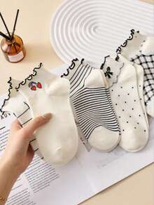 4双装女士荷叶边短袜，图案包括：蜜桃色、蝴蝶结、条纹、格子、爱心，款式优雅，适合夏季穿着 - 彩色 - 查看 3