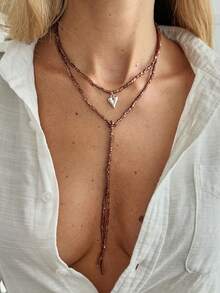 1 件几何串珠不对称圆形吊坠流苏饰物长项链，时尚别致，适合休闲、街头风格、旅行、婚礼、约会、女士生日、节日、多功能珠宝礼物