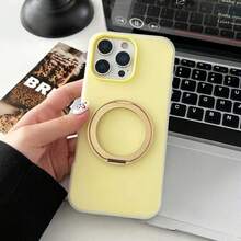 1pc New Fashionable Minimalist Metal Integrated Magnetic Holder 360 Degree Rotation Precise Hole Jelly Silicone Custard Color Suitable Compatible With Apple 17 Pro Max 16 15 Pro Max Dirt-Resistant 14 Shock-Proof 13 Pro/12/11 Unisex Protective Case - Yellow - View 1