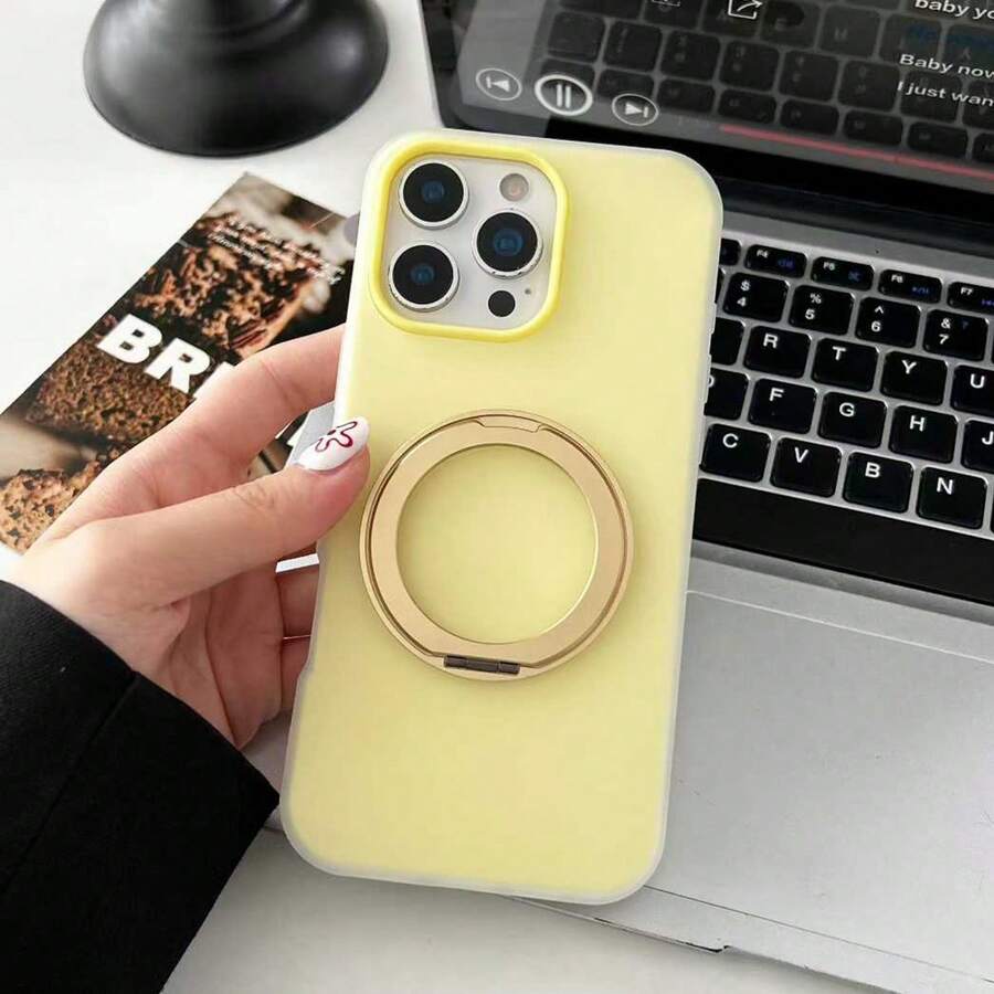 1pc New Fashionable Minimalist Metal Integrated Magnetic Holder 360 Degree Rotation Precise Hole Jelly Silicone Custard Color Suitable Compatible With Apple 17 Pro Max 16 15 Pro Max Dirt-Resistant 14 Shock-Proof 13 Pro/12/11 Unisex Protective Case - Yellow - View 1